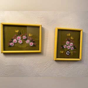 1970’s Studio Twelve Yellow Pink White Floral Embroidered Wall Art Set Framed